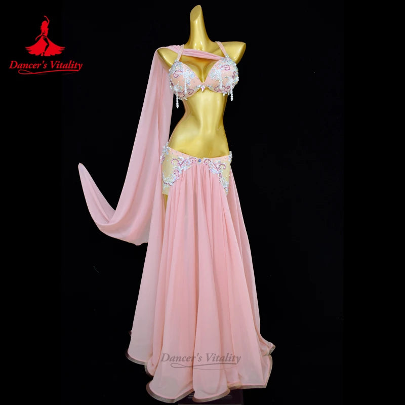 Belly Dance Set Women's Customized Exquisite Pearl Bra+Sexy Split Long Skirt 2pcs Belly Dancer Professional Performance Costume