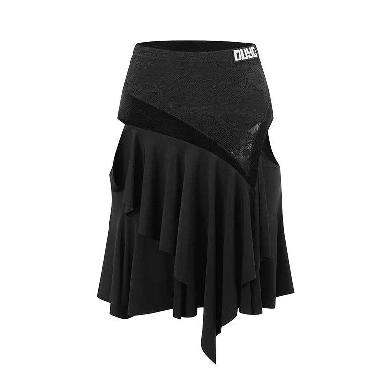 Women's Black Lace Asymmetrical Ruffle Latin Ballroom Dance Skirt Set