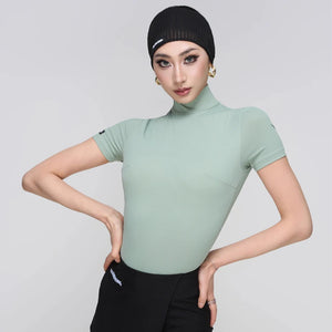 Women's White, Light Green, Black, and Gray Short Sleeve Mock Neck Dance Top with Flared Dance Pants