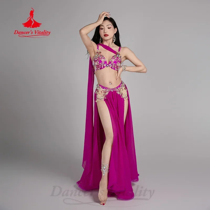 Belly Dance Set Women's Customized Exquisite Pearl Bra+Sexy Split Long Skirt 2pcs Belly Dancer Professional Performance Costume