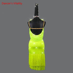 Women's Fluorescent Green Rhinestone Fringe Latin Dance Dress