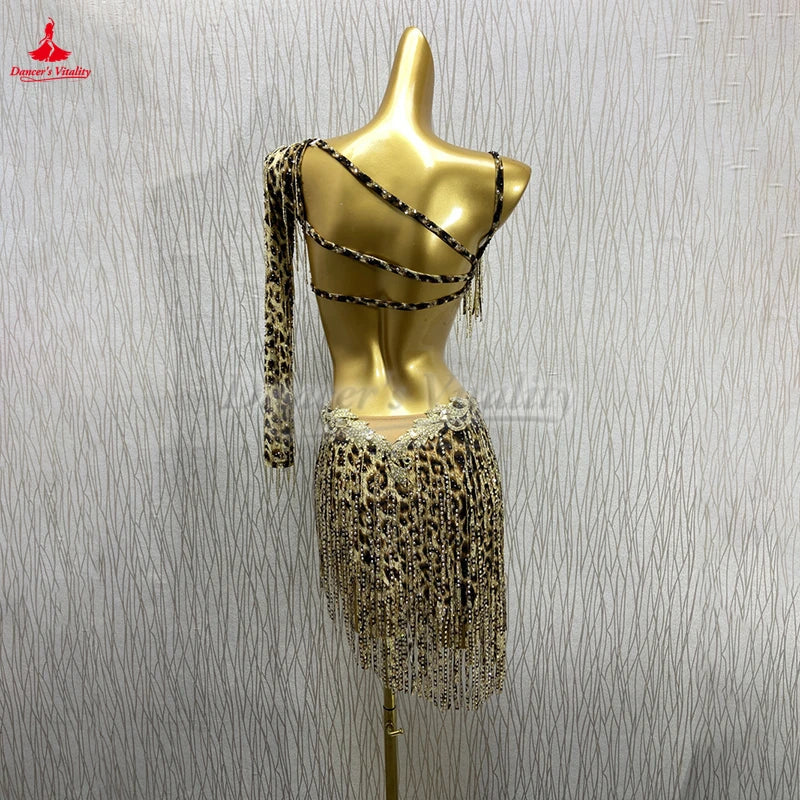 Women's Latin Ballroom Dance Dress AB Rhinestone Embellished Leopard Print For Competition