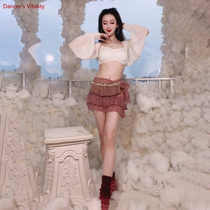 Women's Green Floral Chiffon Mesh Long Sleeve Belly Dance Set