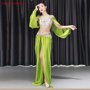 Belly Dance Costume Women Orange Satin Embroidered Crop Top with Bell Sleeves and Long Skirt