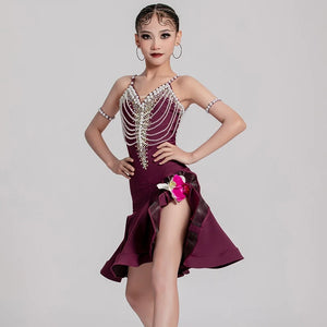 Girls' Burgundy Embellished Beaded Ruffle Latin Dance Dress with Floral Detail