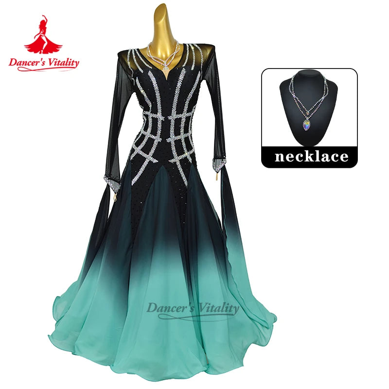 Women's Ballroom Dress Long Sleeve Gradient Chiffon Full Skirt For Waltz Foxtrot Quickstep Competition