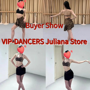 Dance Crop Top and Skirt Set Women's Black and Leopard Print Halter Neck Sweetheart Ruffle Hem Latin Dancewear