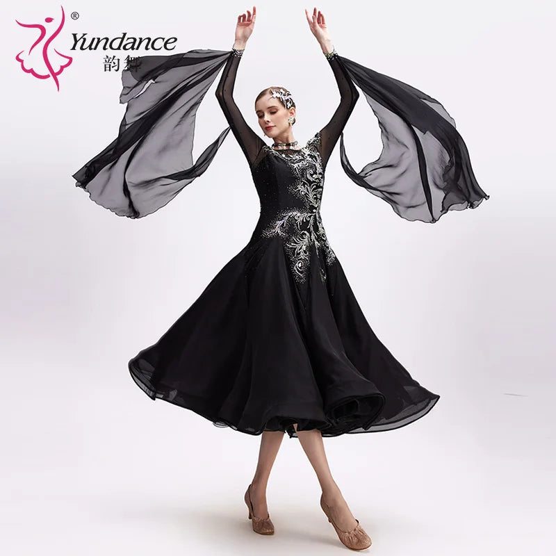 Women's Standard Ballroom Dance Dress Long Black Chiffon For Competition