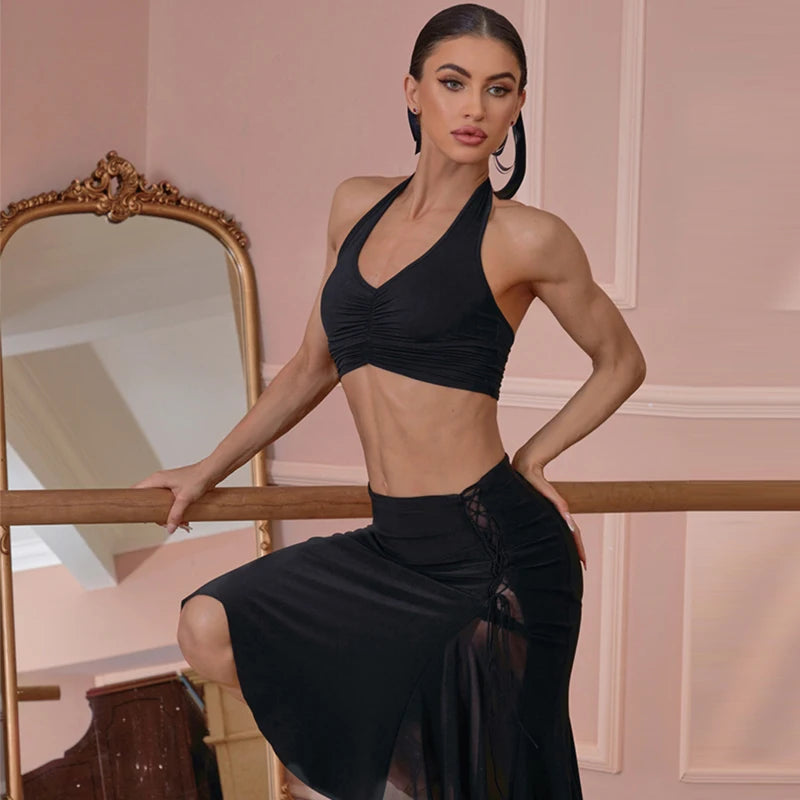 Women's Black Halter Neck Ruched Crop Top & Side Drawstring Ruffle Hem Skirt Latin Dancewear Set