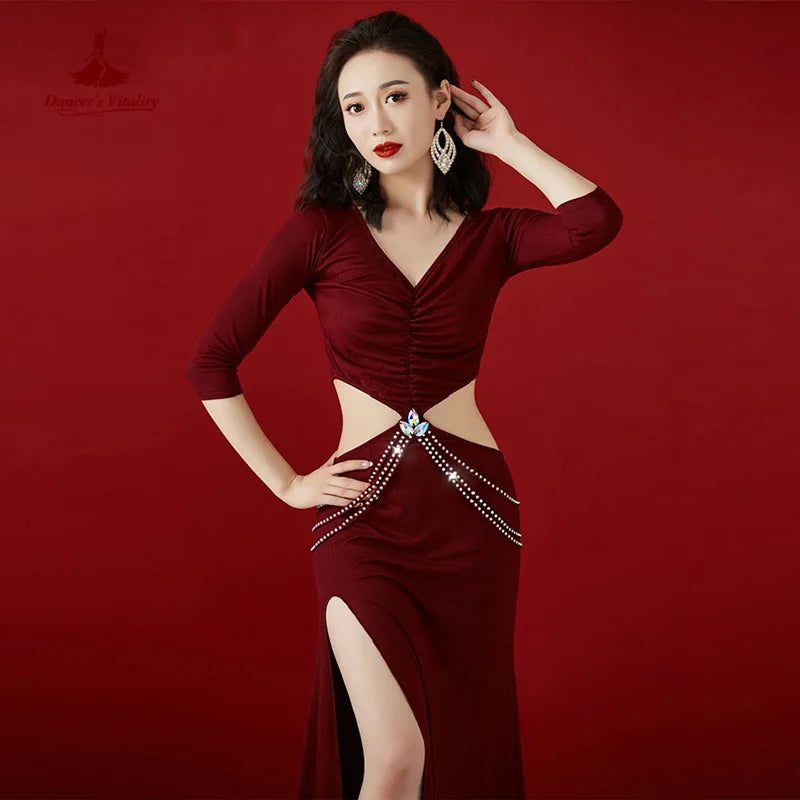 Women's Green V-Neck Ruched Cutout Slit Belly Dance Dress with Rhinestone Chain