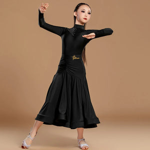Girls' Black Ballroom Dance Dress with Lace Neckline and Ruched Waist, Long Sleeve Latin Dance Skirt