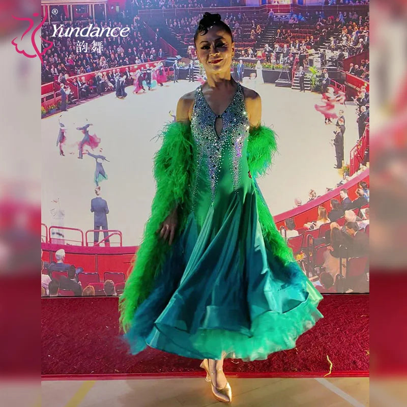 Women's Ballroom Competition Dance Dress With Feather Trim In Stretch Fabric For Performance