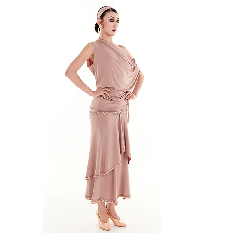 Women's Nude Pink Ruched Draped Tiered Skirt Latin Dance Dress
