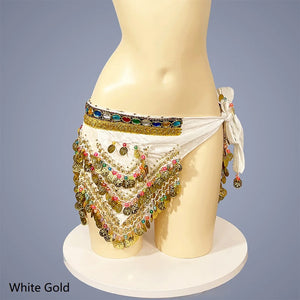 Belly Dance Hip Scarf, Women's Blue Gold Coin & Jewel Embellished Chiffon Waist Wrap, Tribal Fusion Bellydance