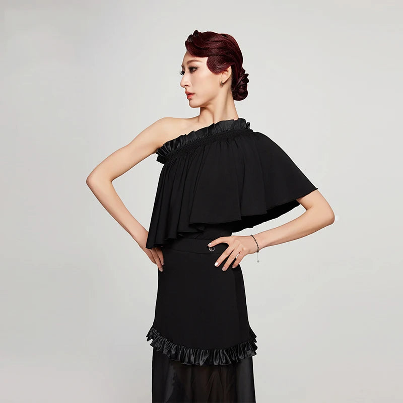Women's Black One-Shoulder Ruffle Chiffon Tiered Latin Ballroom Dance Dress