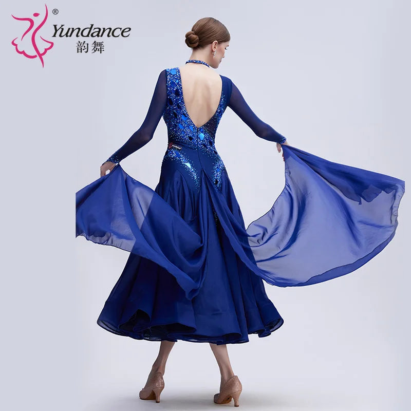 Adult Standard Ballroom Dance Dress Rhinestone Embellished Chiffon Long Gown For Performance