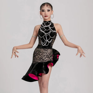 Dance Dress Girls Black and Beige Lace Beaded Halterneck Ruffled Latin Ballroom