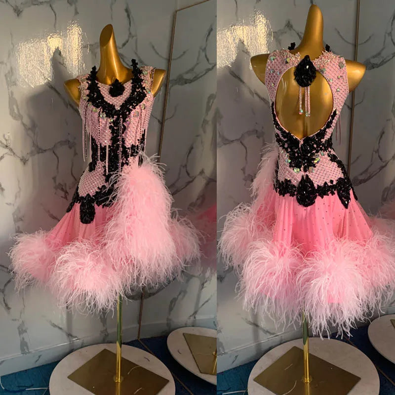 Ballroom Dress Women's Pink & Black Beaded Feather Latin Rhythm Dance Dress