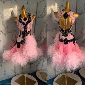 Ballroom Dress Women's Pink & Black Beaded Feather Latin Rhythm Dance Dress