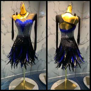 Latin Dance Dress Women's Black and Blue Rhinestone Feather Asymmetrical Long Sleeve Performance Costume
