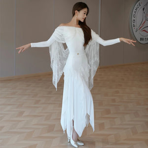 Women's White Off-Shoulder Long Sleeve Lace Ballroom Dance Dress with Asymmetrical Skirt