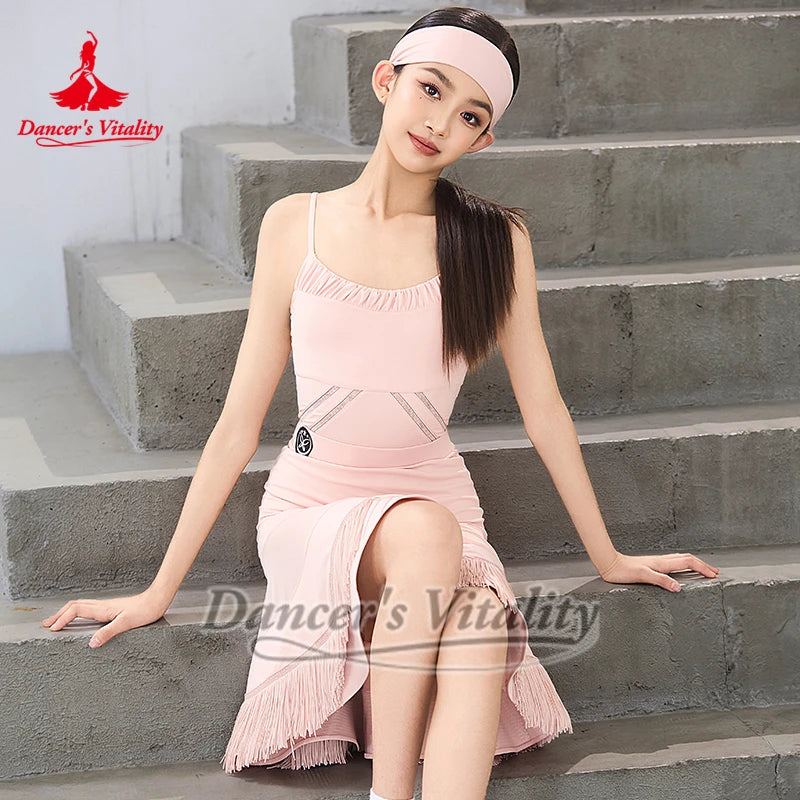 Women's Light Blue and Pink Spaghetti Strap Leotard with Headbands, Ruched Bodice, and Mesh Detailing for Latin Dance