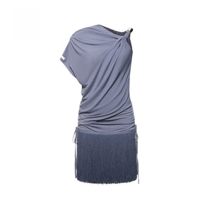 Women's Blue One-Shoulder Ruched Fringe Latin Dance Dress