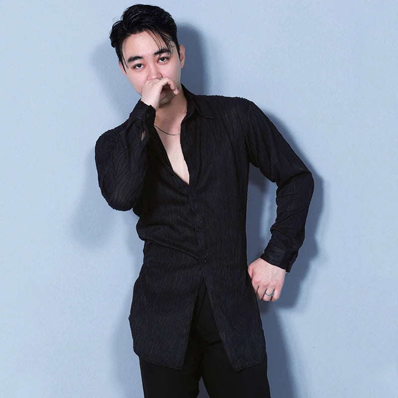 Men's Black Textured Long Sleeve Ballroom Dance Shirt