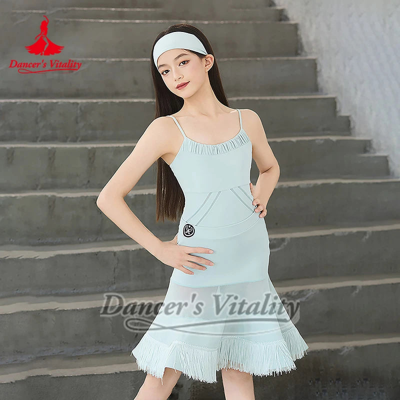 Women's Light Blue and Pink Spaghetti Strap Leotard with Headbands, Ruched Bodice, and Mesh Detailing for Latin Dance