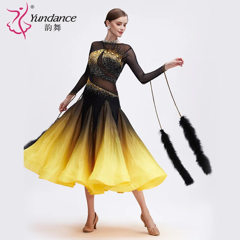 Women's Ballroom Dance Dress With Ombre Satin Chiffon In Yellow And Black For Competition