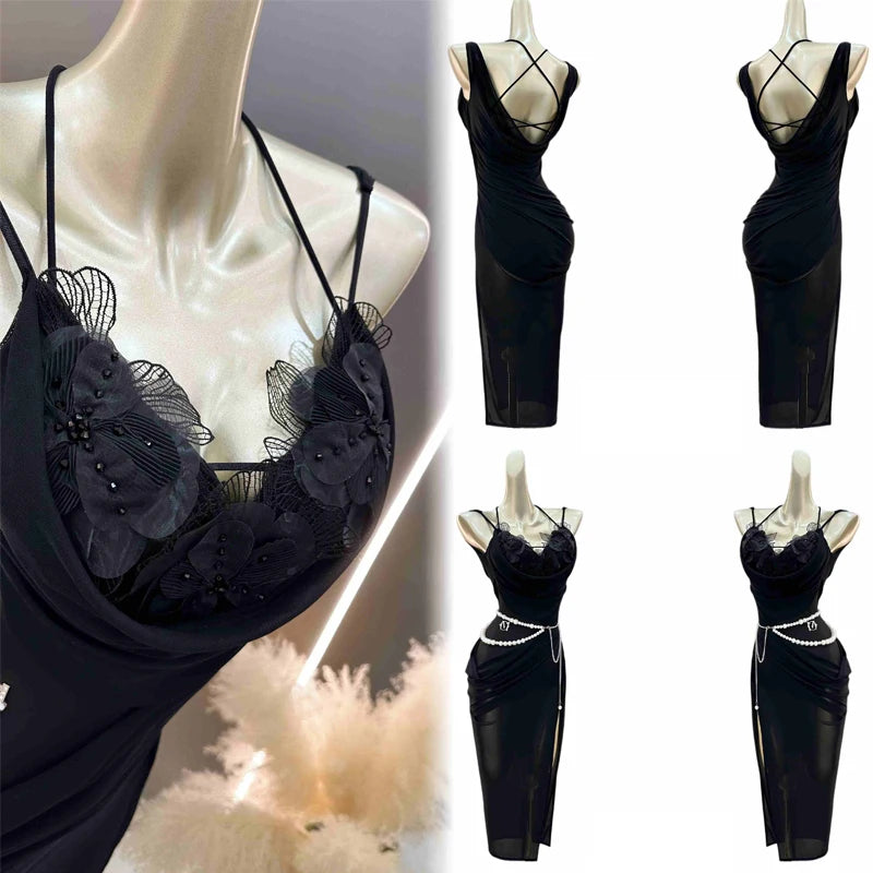 Women's Black Floral Lace Mesh Spaghetti Strap Bodycon Latin Dance Dress