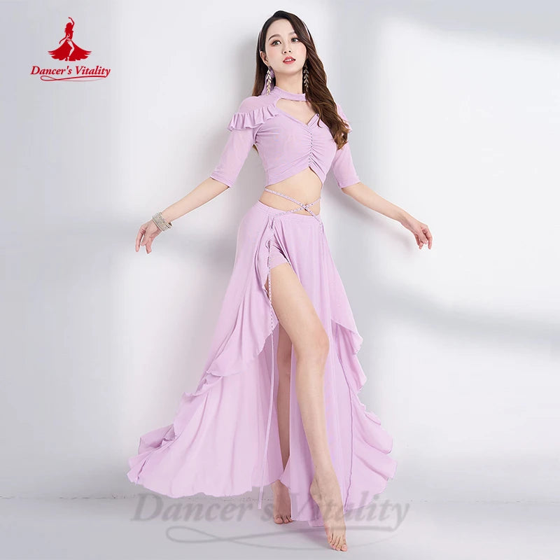 Women's Fuchsia Sparkle Mesh Ruffle Belly Dance Costume Set with High Slit Skirt