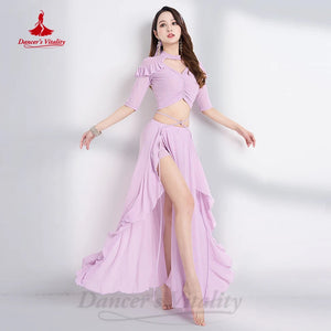 Women's Fuchsia Sparkle Mesh Ruffle Belly Dance Costume Set with High Slit Skirt