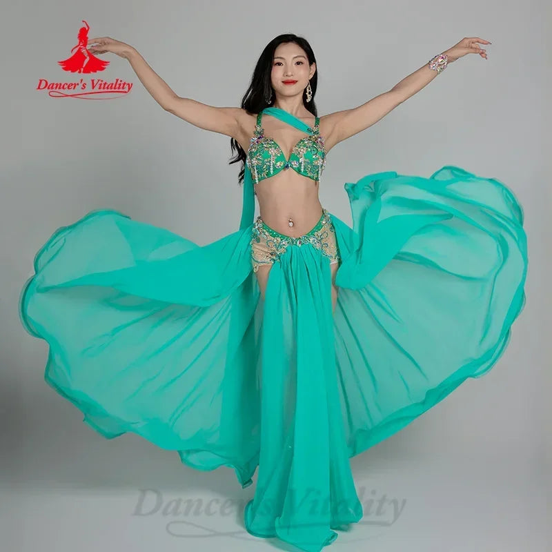 Belly Dance Set Women's Customized Exquisite Pearl Bra+Sexy Split Long Skirt 2pcs Belly Dancer Professional Performance Costume