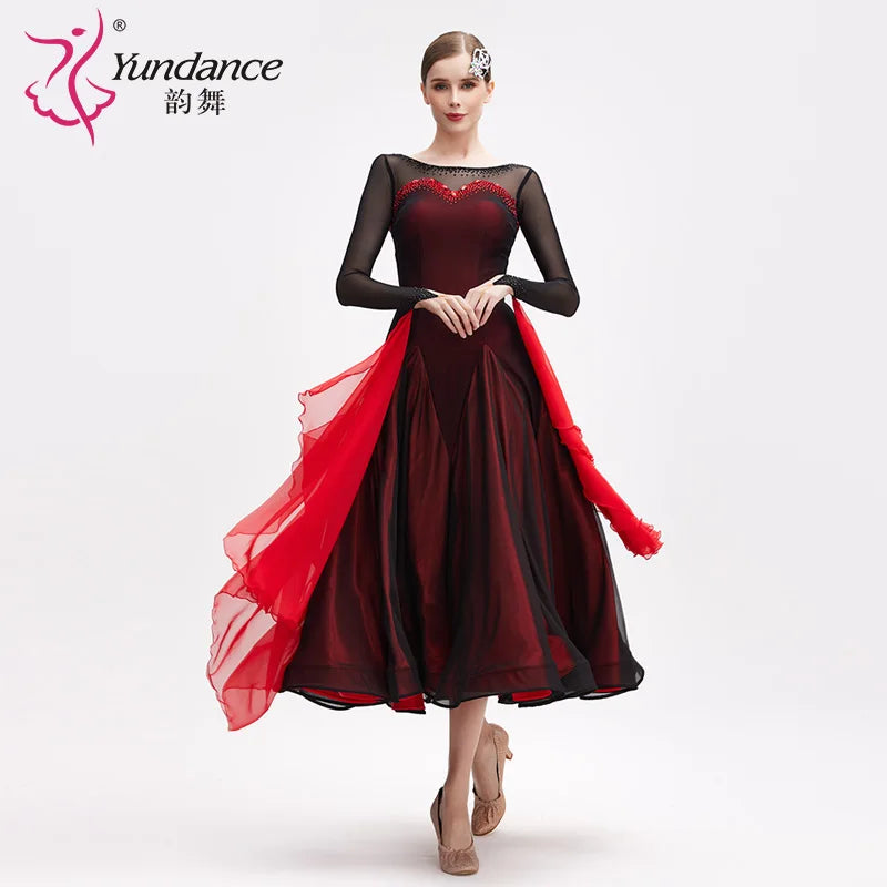 Women's Ballroom Dance Dress International Standard Chiffon Lace Red and Black For Practice