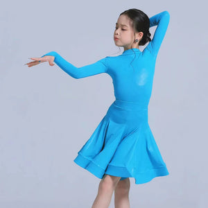 Kids Girls Latin Dance Dress, Short Sleeve Shiny Pleated Skirt Ballroom Salsa Rumba Dancewear
