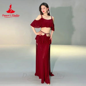 Belly Dance Costume Women's Emerald Green Ruffled Cold Shoulder Crop Top with Slit Skirt and Rhinestone Waist Chain