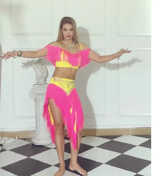 Latin Dance Dress Women's Neon Yellow & Magenta Fringe Performance Set - Rumba Samba Cha Cha