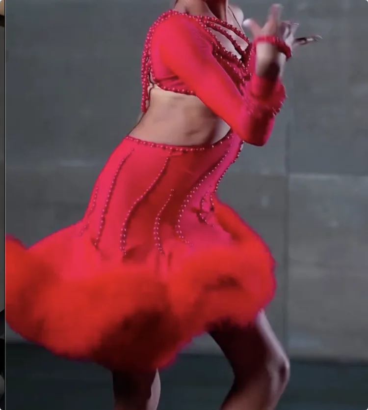 Women's Red Latin Dance Dress, Cut-Out Beaded Spandex Rhythm Ballroom Gown