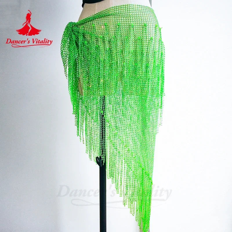Belly Dance Hip Scarf, Women's Teal Blue Sequin Fringe Mesh Skirt, Latin Dance Hip Wrap