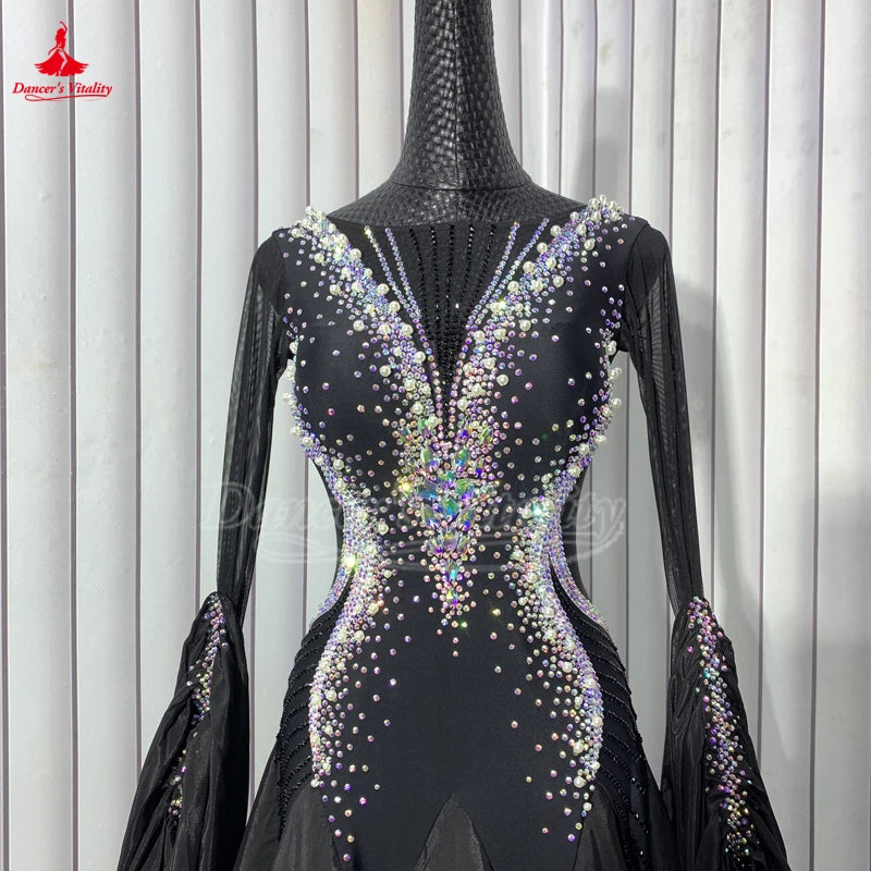 High-end Custom Adult Luxury AB Stone Ballroom Dance Competition Clothe Viennese Waltz Black Long Sleeve Perform Big Swing Skirt