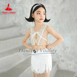 Kids Girls Black Lace Crop Top Fringe Skirt Latin Dance Costume