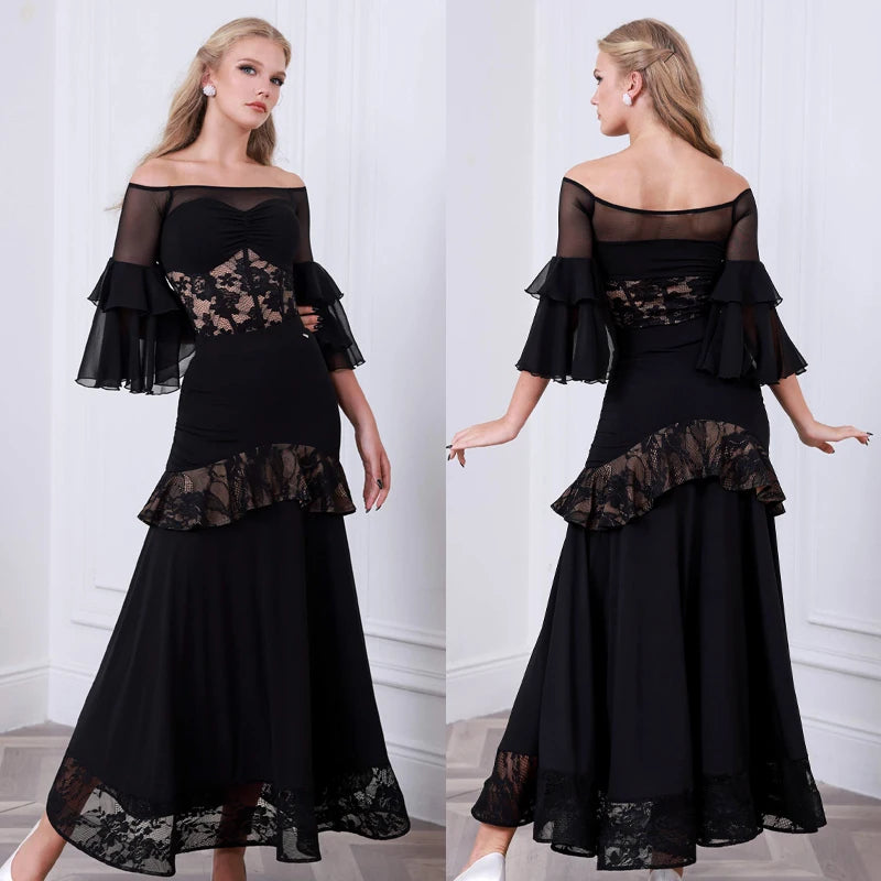Women's Black Off-Shoulder Lace & Mesh Tiered Ruffle Sleeve Ballroom Dance Dress with Asymmetrical Ruffle Skirt