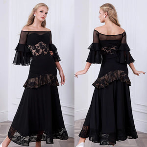 Women's Black Off-Shoulder Lace & Mesh Tiered Ruffle Sleeve Ballroom Dance Dress with Asymmetrical Ruffle Skirt