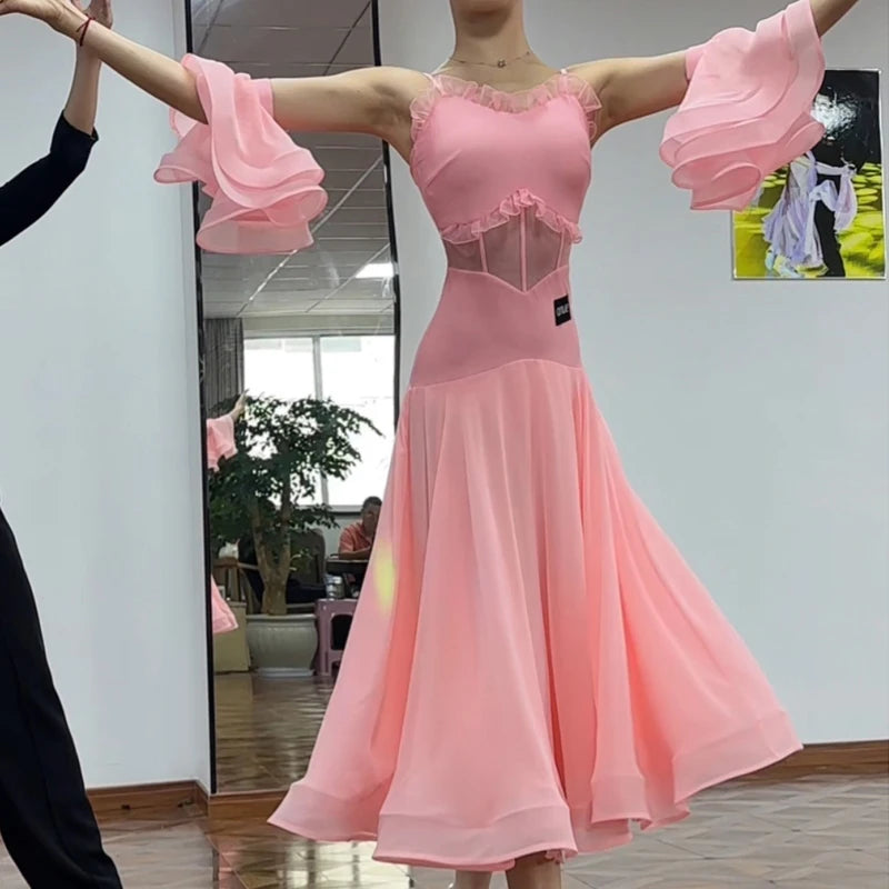 Women's Green Lace Mesh Ruffle Sleeve Ballroom Dance Dress, Women's Pink Lace Mesh Ruffle Sleeve Ballroom Dance Dress