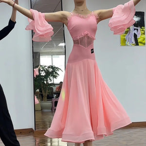 Women's Green Lace Mesh Ruffle Sleeve Ballroom Dance Dress, Women's Pink Lace Mesh Ruffle Sleeve Ballroom Dance Dress