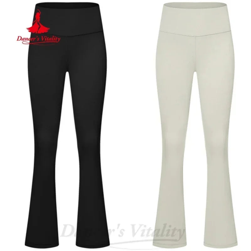 Women's Black Flare Dance Pants with Rhinestone Waistband, Belly Dance/Latin Dance Performance Trousers