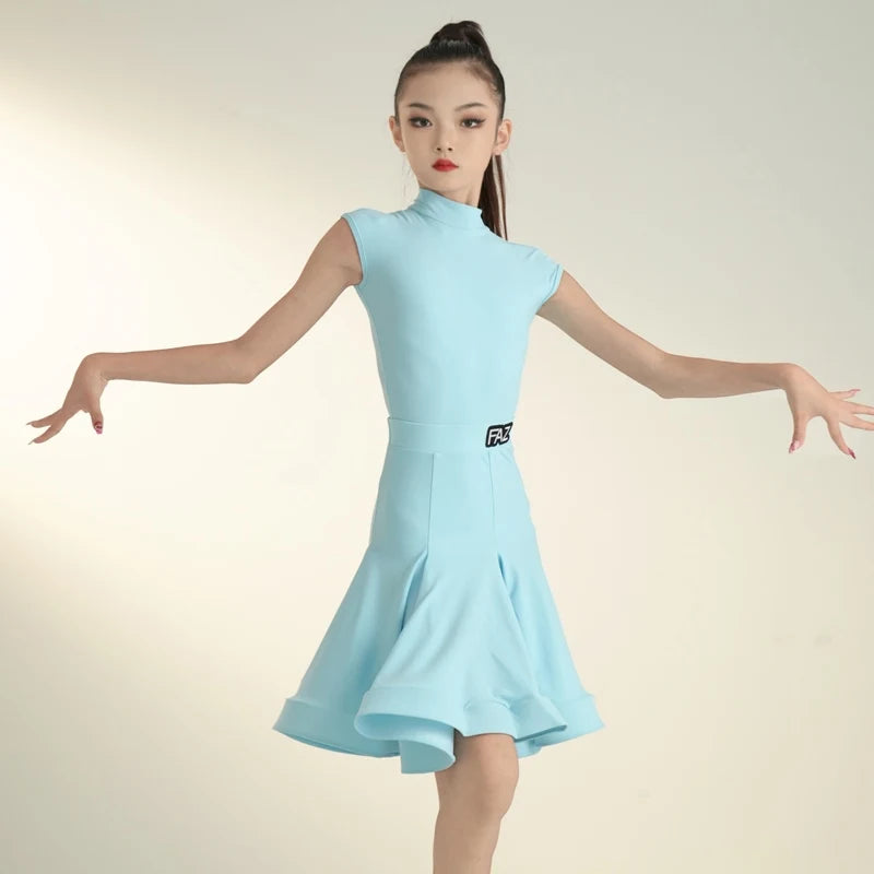 Kids Girls Ballroom Dance Dress, Sleeveless Turtleneck Lycra Ruffle Skirt, Latin Samba Cha Cha Performance Costume
