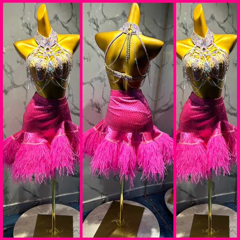 Women's Fuchsia Sequin & Feather Latin Dance Dress with Halter Neck & Chain Detail