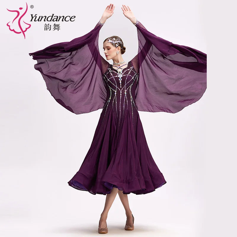 Women's Long Standard Ballroom Dance Dress With Rhinestones Satin Chiffon Purple For Performance